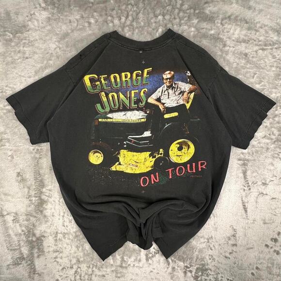 Vintage 90’s Distressed Test Print Elvis/George Jones Black Graphic Band Tee XL - Picture 2 of 8